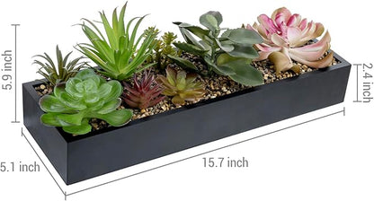 MyGift Artificial Assorted Succulent Arrangement in Rectangular Black Wood Planter Box, Fake Plant Decor