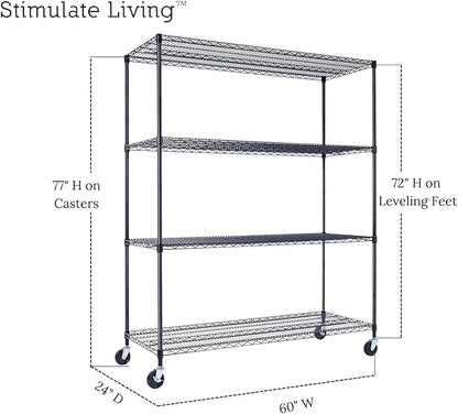 60"x24"x72" PRIME HEAVY DUTY Black 4-Tier Wire Shelving NSF 2400 LBS MAX Capacity Storage Rack for Commercial, School, Home, Garage, Warehouse, Industrial, and Hospital Uses (with Wheels)