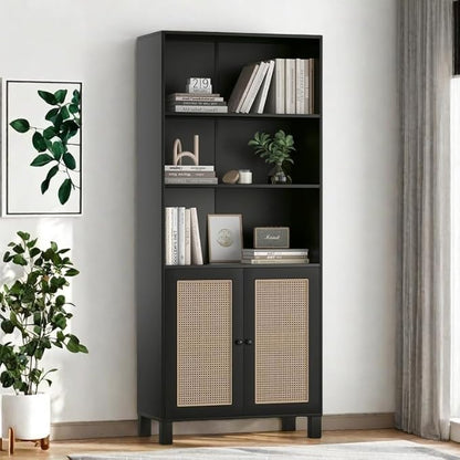 Tall Bookshelf, 5-Tier Book Shelf with 2 Rattan Doors, Freestanding Bookcase Display Shelves with Large Storage, Book Case for Living Room, Office, Study, Bedroom, 70.9 Inch