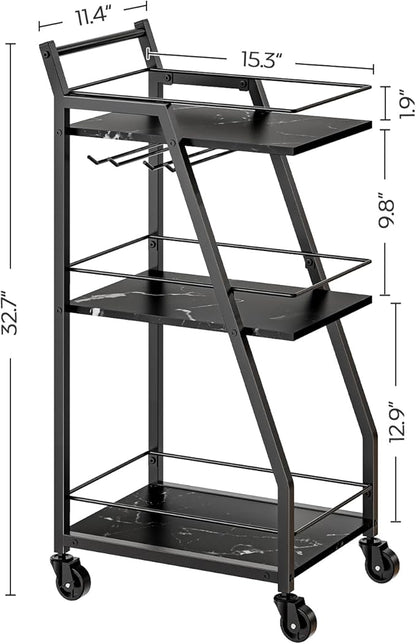 Bar Cart, Bar Cart for The Home, Small Bar Cart on Wheels, Beverage Cart, Home Bar Serving Cart with Glass Holder, Drink Cart for Bar, Kitchen, Dining, Marble Black and Black BC03BM
