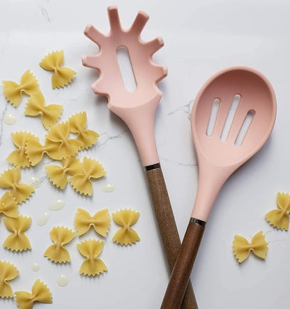 Country Kitchen Non Stick Silicone Utensil Set with Rounded Wood Handles for Cooking and Baking, 8 Piece Set, Pink