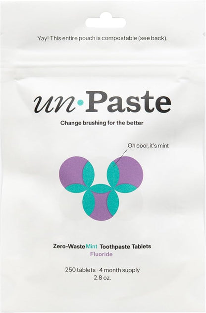 New Formula, Unpaste Toothpaste Tablets, Fluoride Mint, Xylitol Free, Vegan, Plastic Free, Travel-Friendly, Resealable Packet, 250ct, 4 Month Supply
