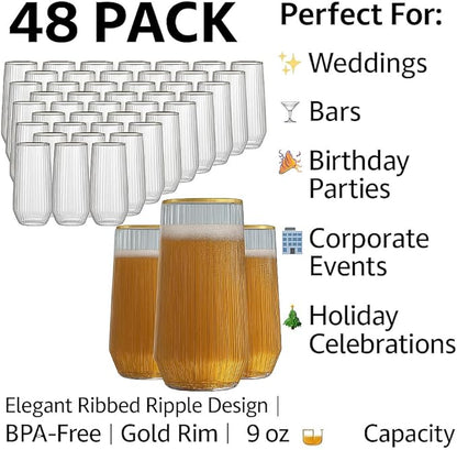 48 Pack Ribbed Ripple Stemless Toasting Glasses, Origami Durable 9 Oz BPA-Free Disposable Plastic Champagne Flutes for Weddings, Bars, Events, and Celebrations (Gold Rim)