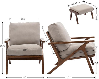 Wahson Mid Century Arm Chair and Ottoman Set, Upholstered Accent Armchair with Wood Frame and Canvas Cushions, Leisure Slipper Chair for Living Room/Bedroom, Beige