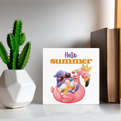 Hello Summer Decor Flamingo Decorations Summer Gnome Wooden Sign Rustic Home Decor 5 x 5 Inches