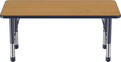 Factory Direct Partners FDP Rectangle Activity School and Kids Classroom Table (24 x 48 inch), Toddler Legs, Adjustable Height 15-24 inches - Oak Top and Navy Edge