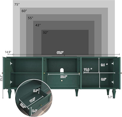 ARTPOWER 67'' Mid-Century Modern TV Stand with Storage Drawer and Doors, Long TV Stand with Adjustable Shelves for 75 Inch TV for Living Room, Bedroom, Green