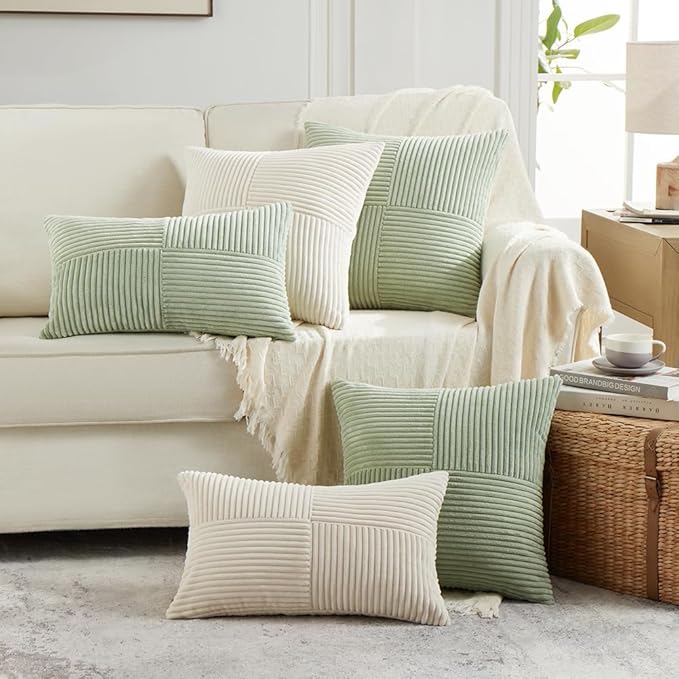 Fancy Homi 2 Packs Sage Green Decorative Throw Pillow Covers 22x22 Inch for Living Room Couch Bed Sofa, Farmhouse Boho Home Decor, Soft Corss Corduroy Patchwork Accent Square Cushion Case 55x55 cm