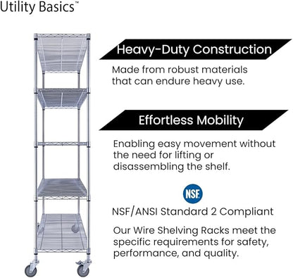 60"x18"x72" Chrome 5-Tier PREMIUM Wire Shelving NSF 4000 LBS MAX CAPACITY Heavy Duty Steel Storage Rack for Warehouses, Garages, Hospitals, Commercial Spaces, & Schools w/PREMIUM WHEELS