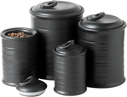Nihow Food Storage Jar Sets: Ceramic Container with Air Tight Lid for Flour/Sugar/Rice/Coffee/Cookies/Candy - Seal Damp-proof Canister for The Kitchen Counter - Set of 4 （Matte Black）