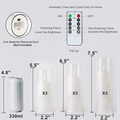 Amagic Pure White Flameless Candles, 9 Pack Battery Operated Candles with Remote and Timer, Acrylic Flickering Electric LED Candles for Wedding, Holiday Decor, D2.2''xH5''6" 7", Warm Yellow Glow