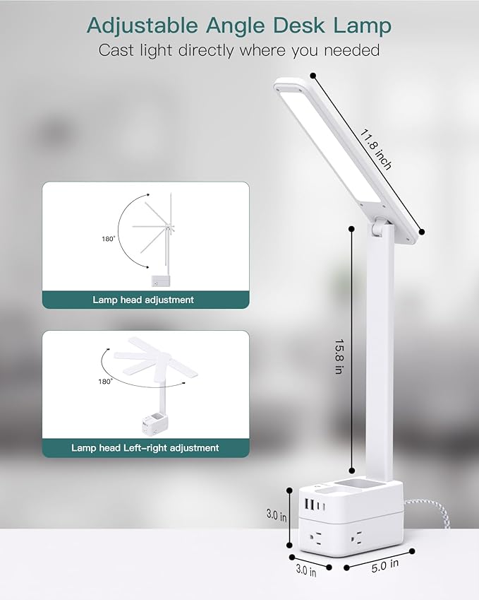Addtam LED Desk Lamp with Pen Holder, Study Lamps with 3 Outlets 4 USB Charging Ports(2 USBC), 3 Color Modes Desk Light Touch Lamp, Small Desk Lamps for Home Office College Dorm Room Essentials