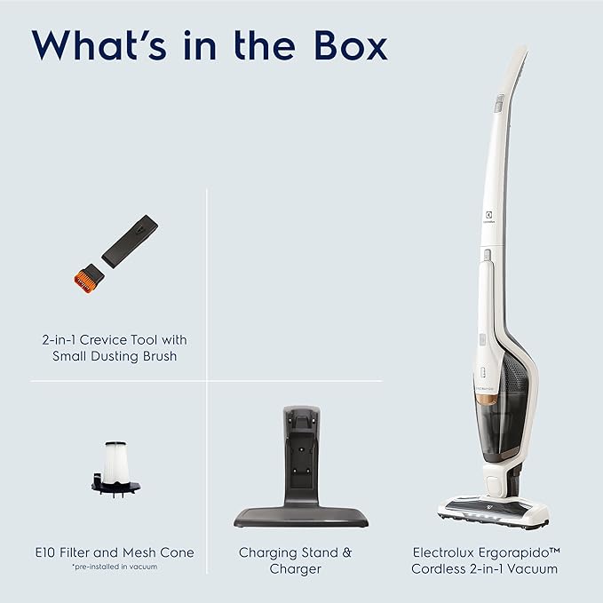 Electrolux Ergorapido Cordless 2-in-1 Vacuum Cleaner with High Suction Power and 180-Degree EasySteer Mobility, 48-Minute Run Time, 2 Power Modes, Satin White