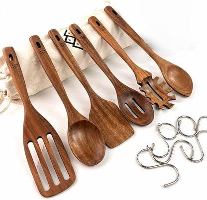 Wooden Utensils for Cooking, Premium Teak Healthy Spoons, Wooden Spoons for Cooking, Durable Eco-Friendly and Safe Teak Cooking Spoon, Cooking Gifts for Mom (set of 6) and Hooks