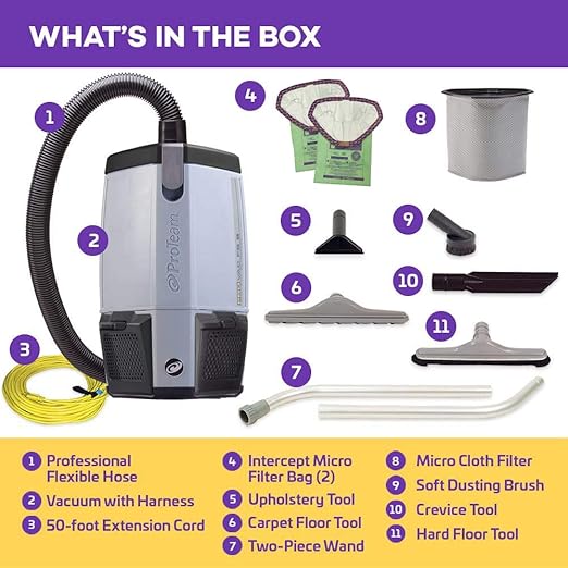ProTeam Backpack Vacuums, ProVac FS 6 Commercial Backpack Vacuum with HEPA Media Filtration and Restaurant Tool Kit, 6 Quart, Corded