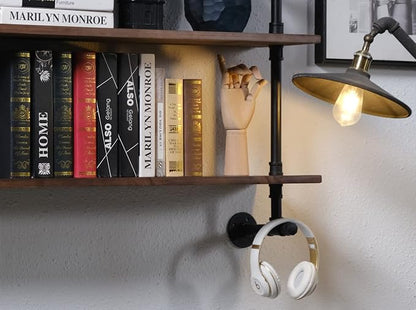 Industrial Pipe Wall Shelves With Real Wood Plank, 48 Inches Floating Shelves for Wall, 4 Tier Farmhouse Book Shelves, Dark Brown for Kitchen, Living Room Decor and Bar