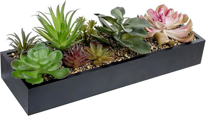 MyGift Artificial Assorted Succulent Arrangement in Rectangular Black Wood Planter Box, Fake Plant Decor