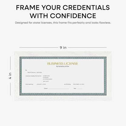 Homeforia 4x9 Business License Frame White, High End Oak 4 x 9 White Wood Certificate Frames, 9x4 Wooden Document Frames for Wall or Tabletop, 4 by 9 Picture Frames, Tempered Glass, Wall Kit, Set of 1