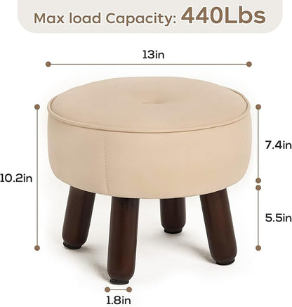 13in Small Foot Stool Ottoman, Round Faux Leather Foot Rest for Couch, Under Desk Pouf Footstool Footrest with Non-Skid Rubber Legs for Ling Room, Bedroom, 13''L x 13''W x 10.2''H, Beige