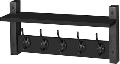 Sorbus Coat Hooks Wall Mount with Shelf – 16 Inch Coat Rack Wall Mount with 5 Heavy Duty Hooks – Floating Wall Shelf with Hooks for Entryway, Bathroom, Bedroom, Kitchen, or Mudroom (Black)