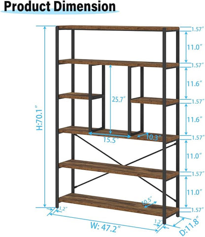 LVB Rustic Bookcases and Book Shelves, Metal Wood 6 Tier Bookshelf and Book Rack Storage, Industrial Vertical Display Etagere Book Case 6 Shelf, Vintage Large Book Shelf for Bedroom Living Room, Brown