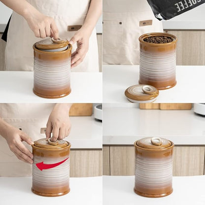 Nihow Ceramic Food Storage Jar Sets: Container with Air Tight Ceramic Lid for Flour/Sugar/Rice/Coffee/Cookies/Candy - Seal Damp-proof Canister for The Kitchen - Set of 3 （Brown）