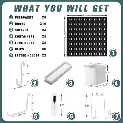 Pegboard Combination Kit, 25.2" x 50.4" Wall Mounted Storage Set with 8 Pegboards & 40 Accessories Hanging, Peg Boards Organizer