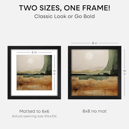 Homeforia 8x8 Picture Frame Black Wood, High-End Oak 8 x 8 Square Frames with Mat 6 by 6 inch Photo, 8x8 Wooden Frame Matted to 6x6 Art, 8by8 Wall or Tabletop Frame, Tempered Glass, Wall Kit, Set of 1