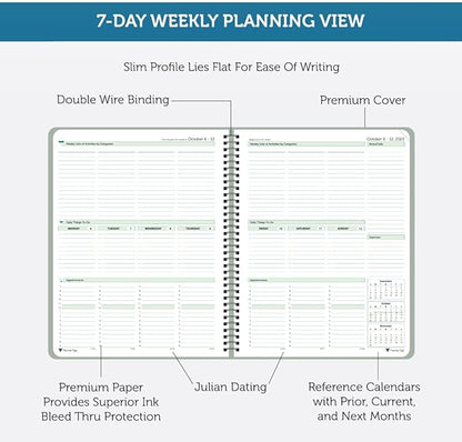 Planner Pad Spiral Bound 3-Tier Funnel Down 12 Month Organizer, October 2025 – September 2026, Greenish Grey Cover/Soft Green Ink, 8 1/2" x 11"