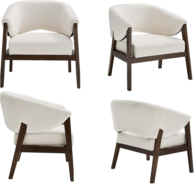 Mid-Century Modern Accent Chairs Set of 2, Comfy Barrel Armchairs with Wide Seat, Upholstered Lounge Chairs with Walnut Wood Legs for Living Room/Bedroom/Reading Corner, Chenille, Beige