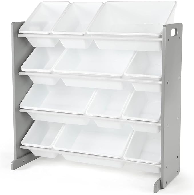 Humble Crew Kids Toy Storage Organizer with 12 Plastic Bins, Grey/White – Removable Bins for Playroom, Bedroom, Toddler Furniture for Boys and Girls Ages