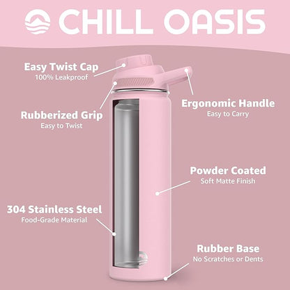 Chill Oasis Water Bottle | Compatible With Popular Flavor Cartridges | BPA Free, Leak Proof, Double-Walled Vacuum Insulated Stainless Steel, and Dishwasher Safe | Cold for 24 Hours (Pink, 22oz)