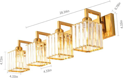 Modern Crystal Bathroom Vanity Light - 4-Lights Gold Brushed Brass Finish Wall Lamp