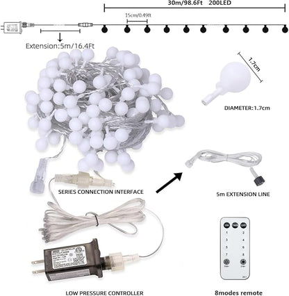 Globe String Lights Plug in 116 Ft. 200 LED 8 Modes with Remote,Waterproof Fairy String Lights for Indoor Outdoor Bedroom Party Wedding Garden Christmas Tree Decor,Warm White