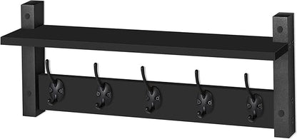 Sorbus Coat Hooks Wall Mount with Shelf – 24 Inch Coat Rack Wall Mount with 5 Heavy Duty Hooks – Floating Wall Shelf with Hooks for Entryway, Bathroom, Bedroom, Kitchen, or Mudroom (Black)