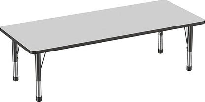 FDP Rectangle Activity School and Classroom Kids Table (30 x 72 inch), Chunky Toddler Leg, Adjustable Height 15-24 inches - Gray Top and Black Edge