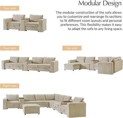 HULALA HOME 88" Loveseat Sofa with USB Port and Console, Oversized 2 Seater Sofa with Storage Ottoman, Comfy Upholstered Loveseat Couch for Living Room Bedroom, FSC Certified, Beige