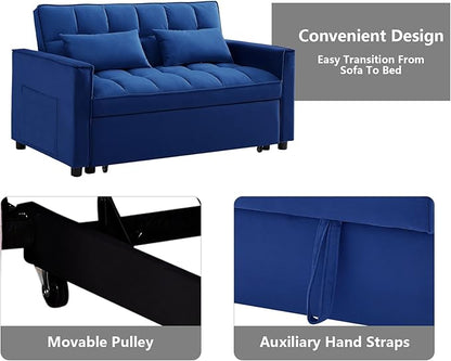 3 in 1 Convertible Sleeper Sofa Bed,Futon Loveseat Couch with Pull-Out Bed & Adjustable Backrest,Velvet Fabric Sofa with Side Pocket for Small Apartment, Living Room, Office (Blue)
