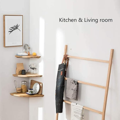 Corner Shelf, 7inch Solid Oak Wood Floating Corner Shelf Wall Mount Round End Floating Speaker Shelves with Wire Hole for Small Plant Photo Frame for Bedroom Kitchen, Living Room