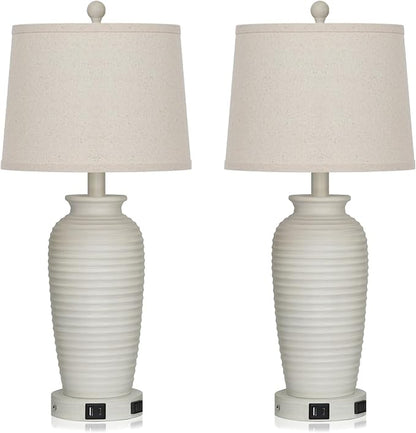 25" Farmhouse Jar Table Lamps Set of 2,Rustic Cream Pot Table Lamp for Bedroom, Living Room,3 Way Touch Control Rustic Bedside Lamps with USB A+C Ports & AC Outlet(LED Bulbs Included)