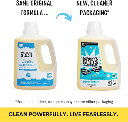 Molly's Suds Liquid Laundry Detergent | Clean Laundry Detergent Soap for Sensitive Skin | 2x Concentrated, High Efficiency (HE) (Peppermint - 200 Loads)