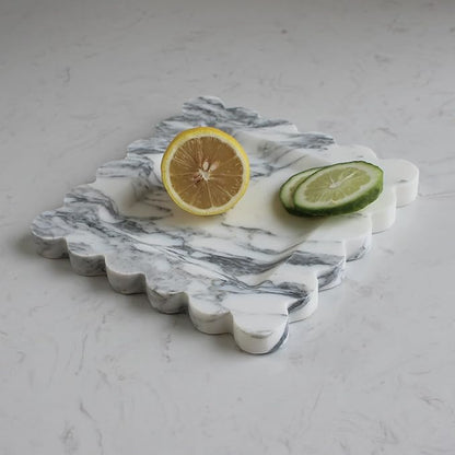 Natural Luxury Marble Tray with Scalloped Edge, Handmade Square Decorative Tray, Catch All Tray for Counter, Dresser, Nightstand and Home Décor (Arabescato Calacatta)