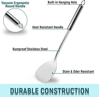 Pleafind 2-Pcs Solid & Slotted Spatula Set, 304 Stainless Steel Spatula, Metal Spatulas, Wok Utensils, Cooking Utensils, Wok Spatulas for Home, Kitchen and Restaurant, Dishwasher Safe