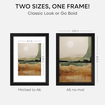 Homeforia A5 Picture Frame Black Wood, High-End Oak 5.8x8.3 Frame Matted to 4.1x5.8 inch Photo, A5 Size Walnut Wooden Frames with Mat A6 for Print, 5.8 by 8.3 Frame, Tempered Glass, Wall Kit, Set of 1