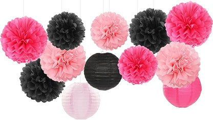 Hot-Pink Black Party-Decorations Paper Flowers Lanterns - 15PCS Graduation Birthday Tissue Pom Poms Streamers,Baby Girl Women Bachelorette Hanging Supplies Decor Hugfond