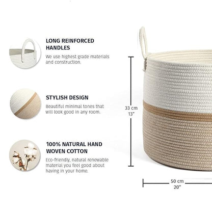 OrganiHaus Boho Woven Basket for Blankets and Laundry, Decorative Large Storage Bin for Living Room, Nursery Basket for Toys & Clothes, Soft Cotton Rope with Handles 20x13 inches - Striped Honey