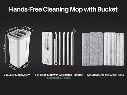 JOYMOOP Mop and Bucket with Wringer Set, Hands Free Flat Floor Mop and Bucket, 60" Mop with 4 Reusable Microfiber Pads, Wet and Dry Use, Floor Cleaning System