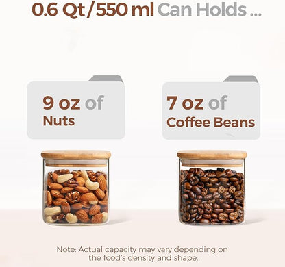 ComSaf 0.6 Qt Glass Food Storage Jars Set of 6, Clear Storage Containers with Airtight Lids, Pantry Organization Jar, Spice Jar, Blooming Tea, Coffee and Sugar Container, Canister Set for Kitchen