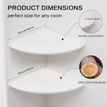 Corner Wall Shelves, White Floating Corner Shelf, Set of 2 16inch Solid Oak Wood Shelves, Round End Wall Mount Display Shelf with Wire Hole for Small Plant for Bedroom Kitchen, Living Room