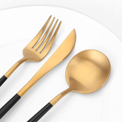 Matte Gold Silverware Set with black handle, Vanys 20 Piece Stainless Steel Cutlery Flatware Set, Kitchen Utensil Sets for 4, Tableware With Knife Spoons And Forks Set, Satin Finished Polished